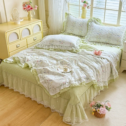 91家纺网 家纺一手货源 找家纺 （总）苏米娜2026韩版双层花边云朵棉木棉皱皱纱夏被床盖款四件套单夏被-小清新系列