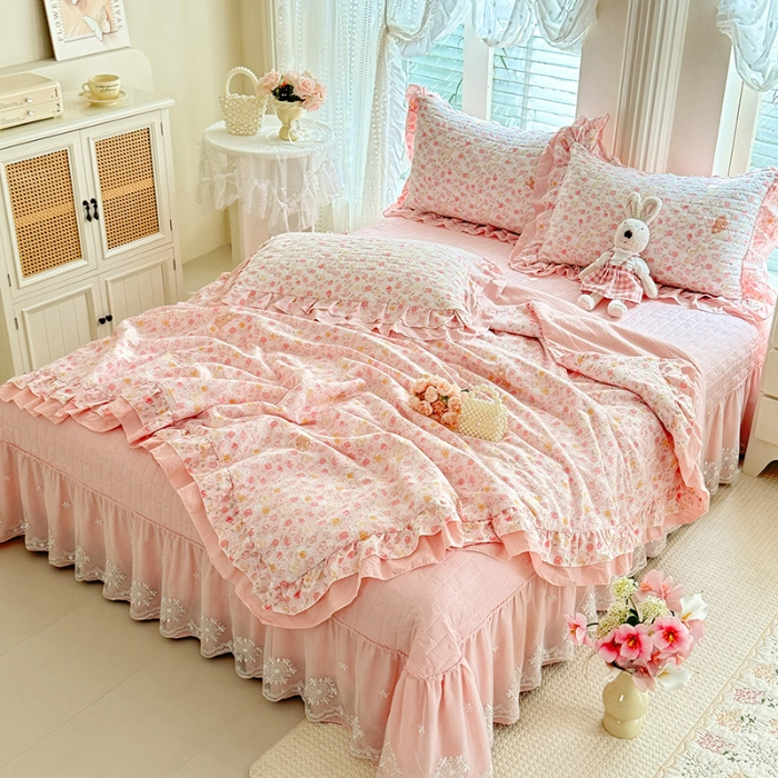 91家纺网 家纺一手货源 找家纺 （总）苏米娜2026韩版双层花边云朵棉木棉皱皱纱夏被床盖款四件套单夏被-小清新系列