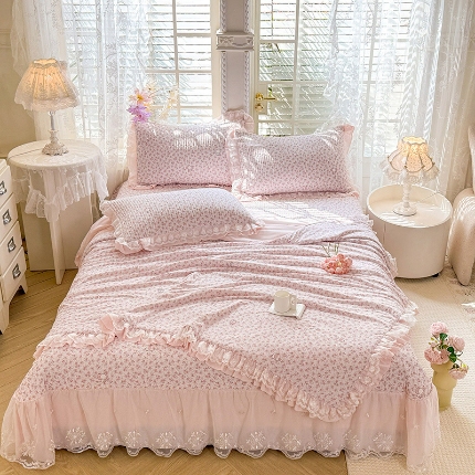 91家纺网 家纺一手货源 找家纺 苏米娜家纺 2026新款韩版双层花边木棉皱皱纱夏被床盖款四件套-小清新系列 清新花语