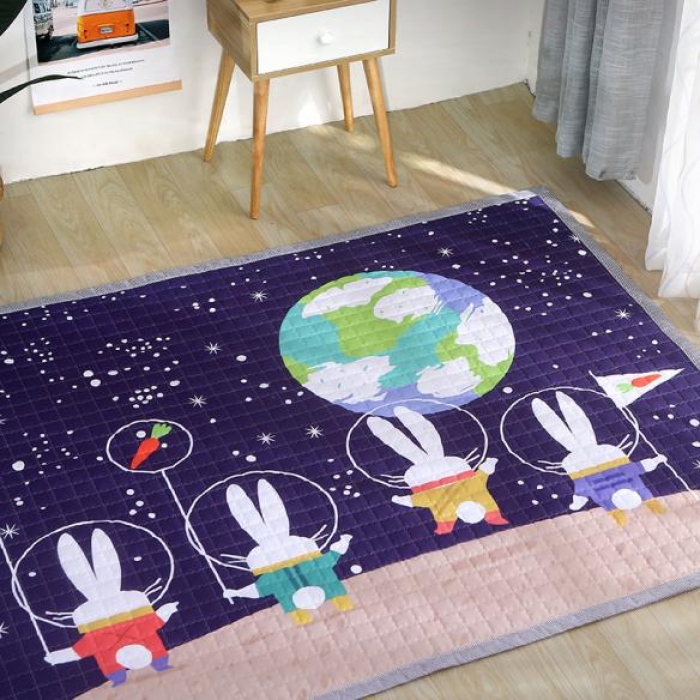 91家纺网 家纺一手货源 找家纺 沁童家纺 北欧风长方形加厚地垫儿童爬爬垫登月兔子