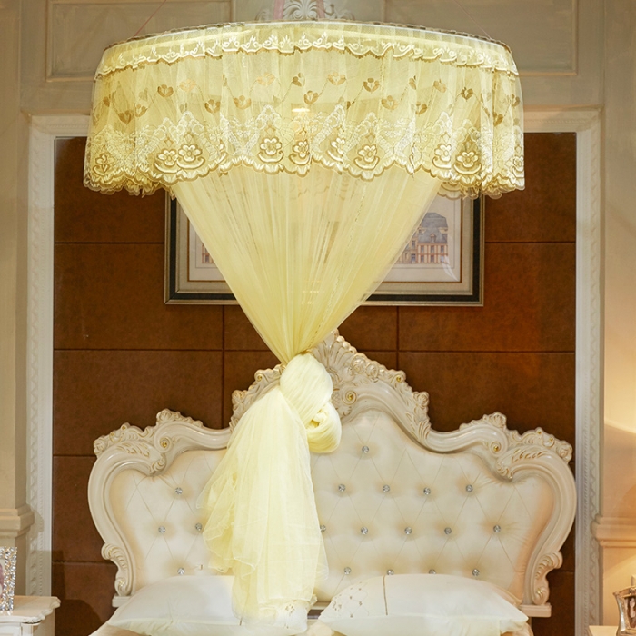 91家纺网 家纺一手货源 找家纺 艾晶美 新款1.2直径吊顶蚊帐米黄色