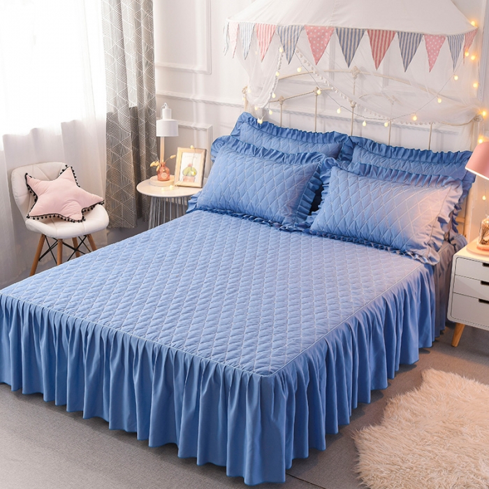 91家纺网 家纺一手货源 找家纺 艾晶美 2018冬款夹棉床裙三件套 小蜜蜂-天蓝