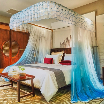 91家纺网 家纺一手货源 找家纺 艾晶美家纺  2019新款印花轨道落地蚊帐 蓝色妖姬