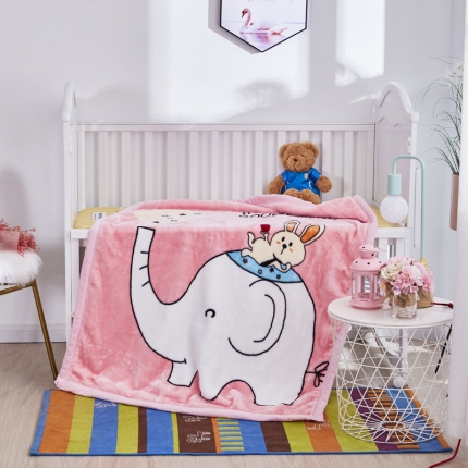 91家纺网 家纺一手货源 找家纺 凯轩毛毛毯毯子 2019新款加厚儿童云毛毯毯子 快乐小象-粉