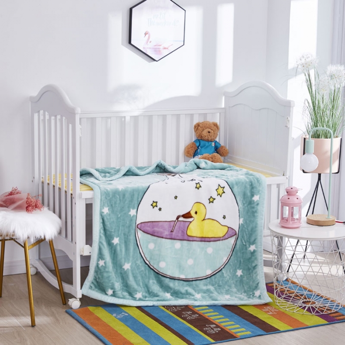 91家纺网 家纺一手货源 找家纺 凯轩毛毛毯毯子 2019新款加厚儿童云毛毯毯子 星星鸭-绿