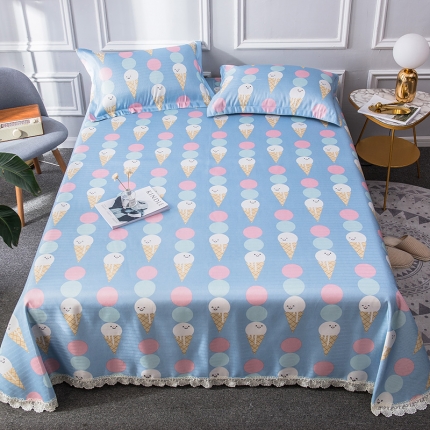 91家纺网 家纺一手货源 找家纺 懒猫 2020新款竹语提花花边床单款冰丝席 冰淇淋（天兰）