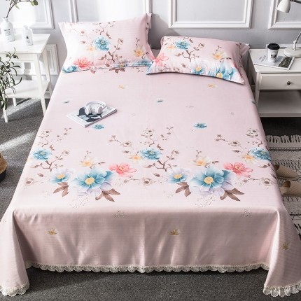 91家纺网 家纺一手货源 找家纺 懒猫 2020新款竹语提花花边床单款冰丝席 梦里花（粉玉）