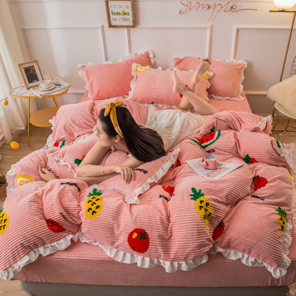 91家纺网 家纺一手货源 找家纺 懒猫 2020新款韩版魔法绒四件套 水果派对