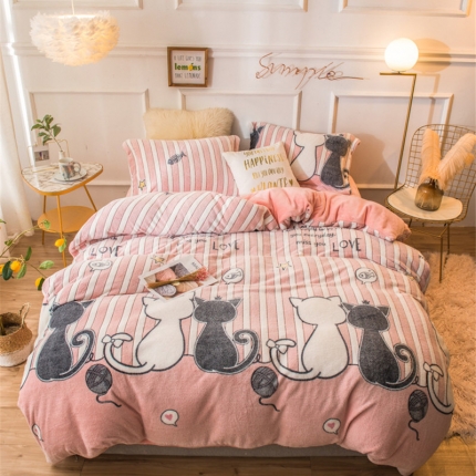 91家纺网 家纺一手货源 找家纺 懒猫家纺 2020新款立体雪花绒法莱绒水晶绒四件套 恋爱猫