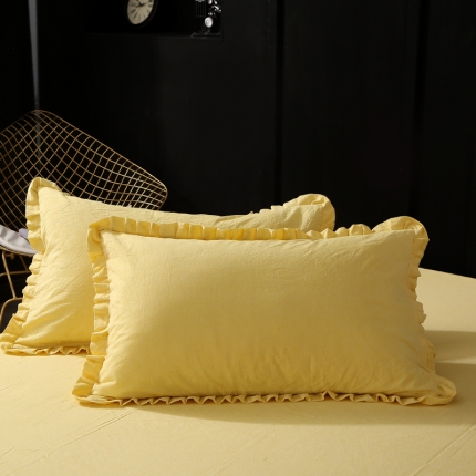 初舍 新款日式全棉色织水洗棉褶皱木耳花边单品枕套一只 靓丽黄