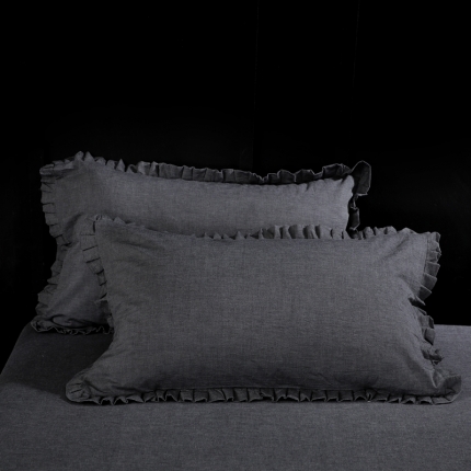 初舍 新款日式全棉色织水洗棉褶皱木耳花边单品枕套一只 优雅灰