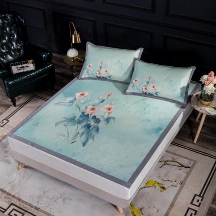 91家纺网 家纺一手货源 找家纺 苹果星家纺 2019数码印花印尼藤凉席三件套 杜鹃