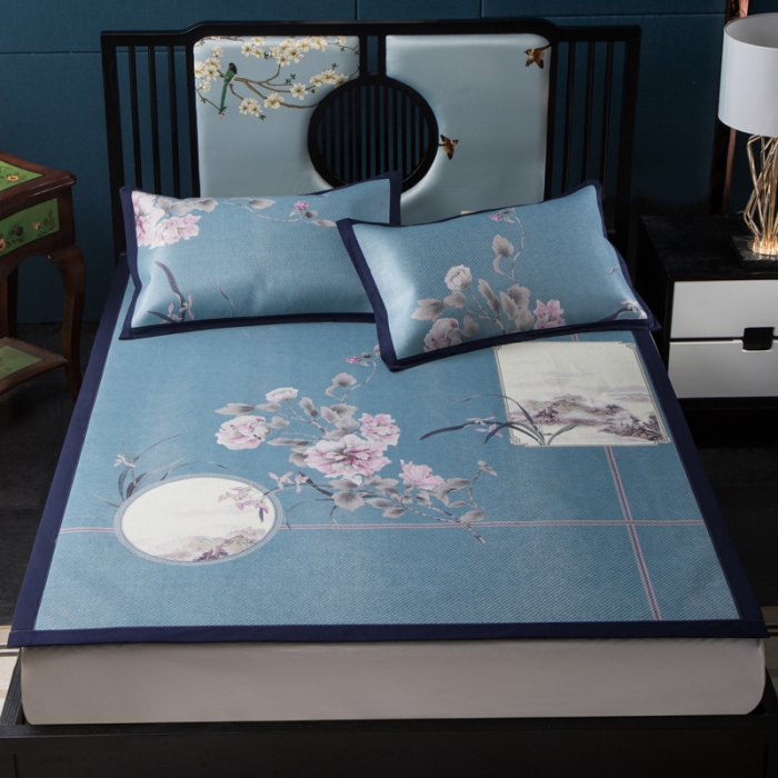 91家纺网 家纺一手货源 找家纺 苹果星家纺 2019数码印花印尼藤凉席三件套 春花秋月