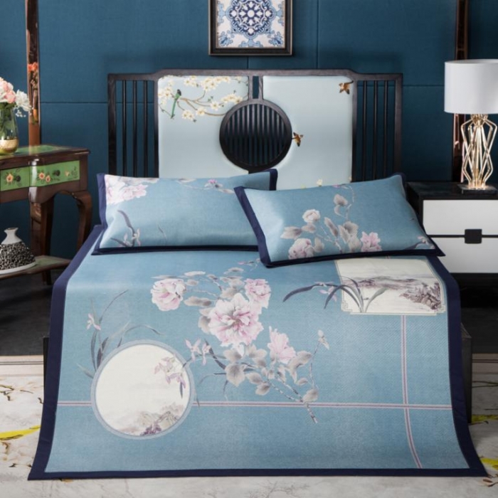 91家纺网 家纺一手货源 找家纺 苹果星家纺 2019数码印花印尼藤凉席三件套 春花秋月