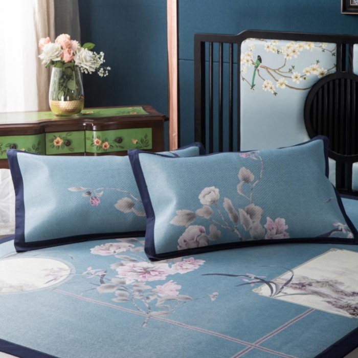 91家纺网 家纺一手货源 找家纺 苹果星家纺 2019数码印花印尼藤凉席三件套 春花秋月