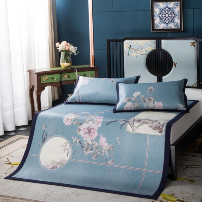 91家纺网 家纺一手货源 找家纺 苹果星家纺 2019数码印花印尼藤凉席三件套 春花秋月