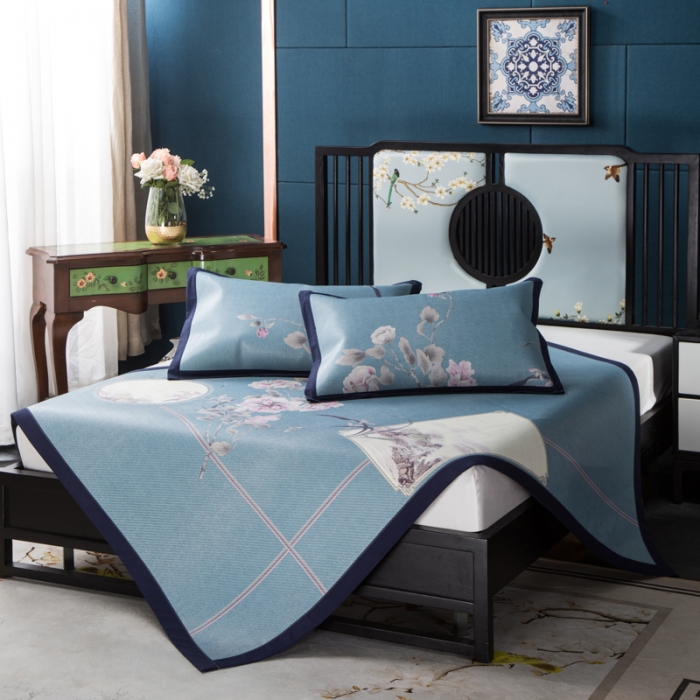 91家纺网 家纺一手货源 找家纺 苹果星家纺 2019数码印花印尼藤凉席三件套 春花秋月