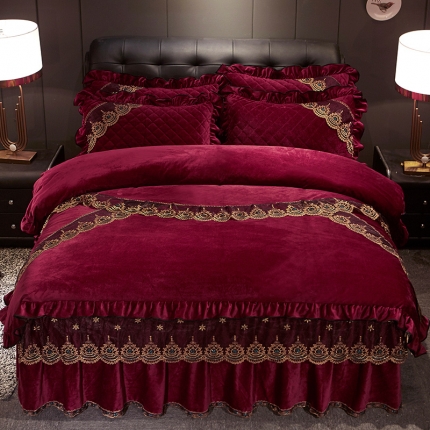 宜凡家纺 2019新款繁华似锦系列床裙四件套繁华似锦-酒红