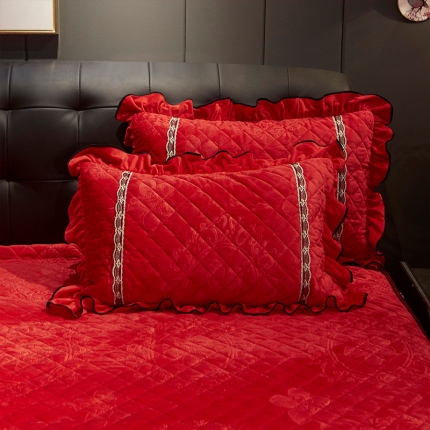 宜凡家纺 2019新款水晶绒夹棉床裙枕套 花之都-大红