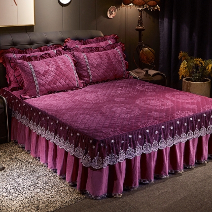 宜凡家纺 2019水晶绒夹棉床裙三边 花之都-深豆沙