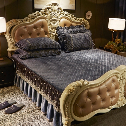 宜凡家纺 2019新款水晶绒夹棉床裙两边 花之都-银灰