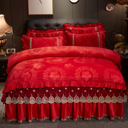 宜凡家纺 2019新款水晶绒夹棉床裙四件套 花之都-大红