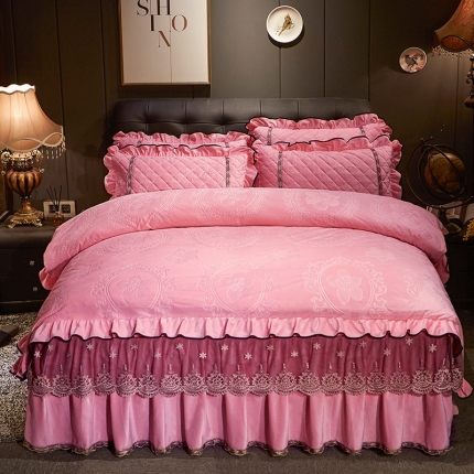 宜凡家纺 2019新款水晶绒夹棉床裙四件套 花之都-粉玉