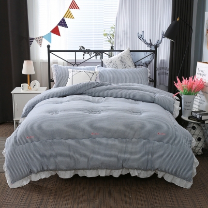 畅畅家纺 韩版荷叶边时尚小清新条纹水洗棉冬被  小清新灰色