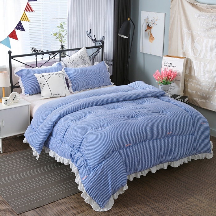 91家纺网 家纺一手货源 找家纺 畅畅家纺 韩版荷叶边时尚小清新条纹水洗棉冬被  小清新蓝色