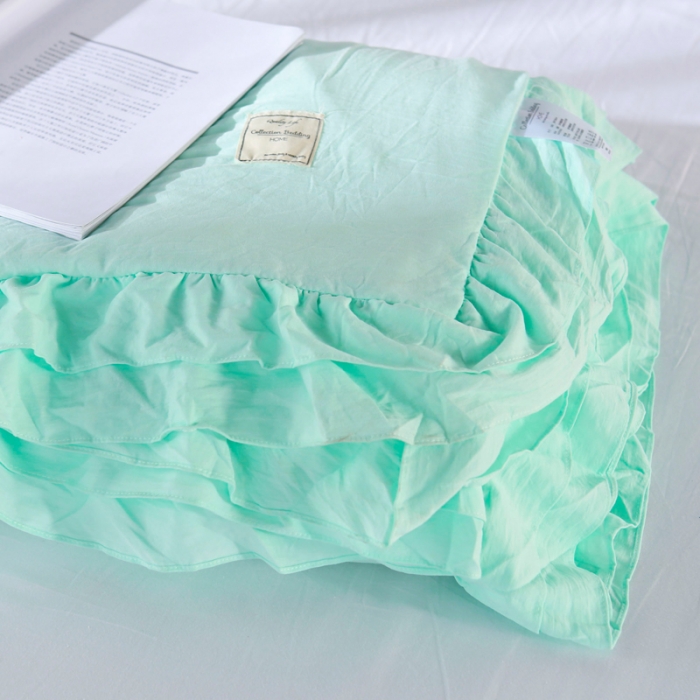 91家纺网 家纺一手货源 找家纺 畅畅家纺 双层荷叶边水洗棉夏被空调被夏凉被可搭配四件套水绿