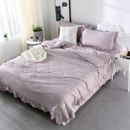 畅畅家纺 双层荷叶边水洗棉夏被空调被夏凉被可搭配四件套灰色