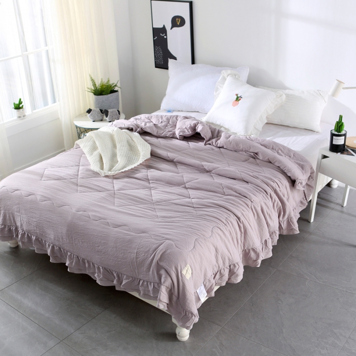 91家纺网 家纺一手货源 找家纺 畅畅家纺 双层荷叶边水洗棉夏被空调被夏凉被可搭配四件套灰色