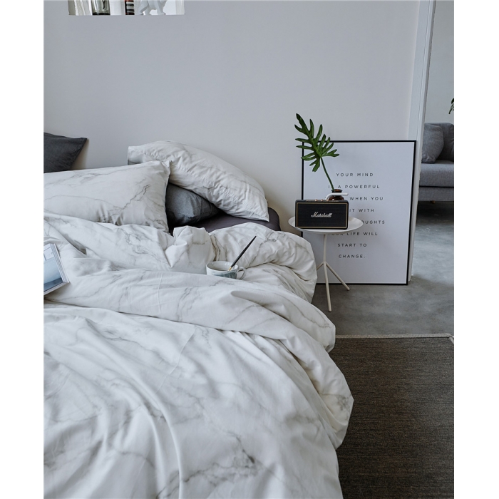 91家纺网 家纺一手货源 找家纺 棉眠 全棉极简风系列四件套床单款 大理石纹-灰