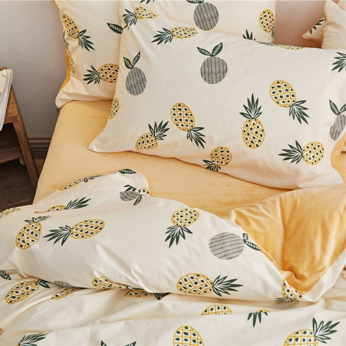 91家纺网 家纺一手货源 找家纺 棉眠  2018新款棉眠棉加绒四件套 大菠萝