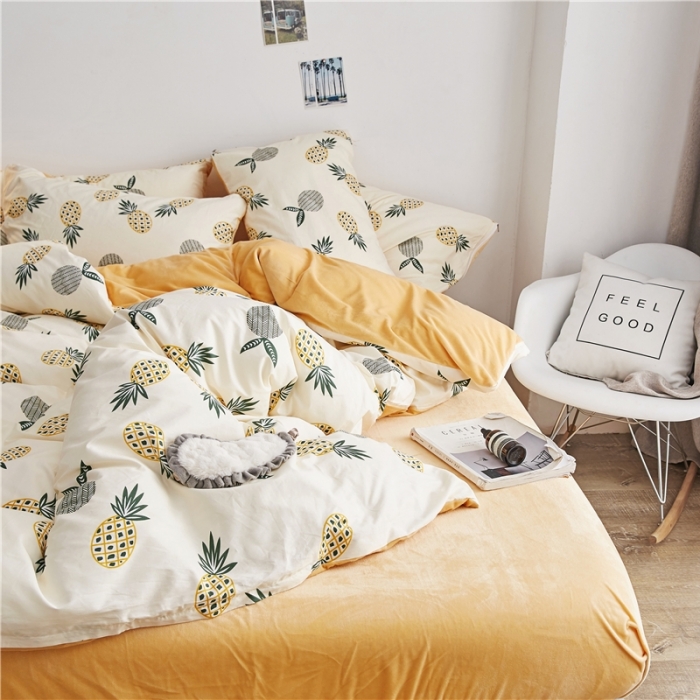 91家纺网 家纺一手货源 找家纺 棉眠  2018新款棉眠棉加绒四件套 大菠萝