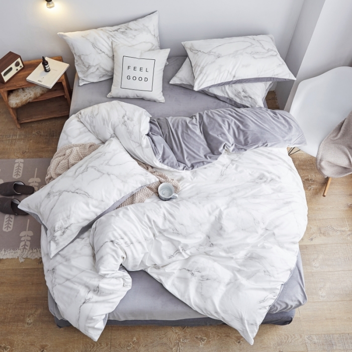 91家纺网 家纺一手货源 找家纺 棉眠  2018新款棉眠棉加绒四件套 大理石灰