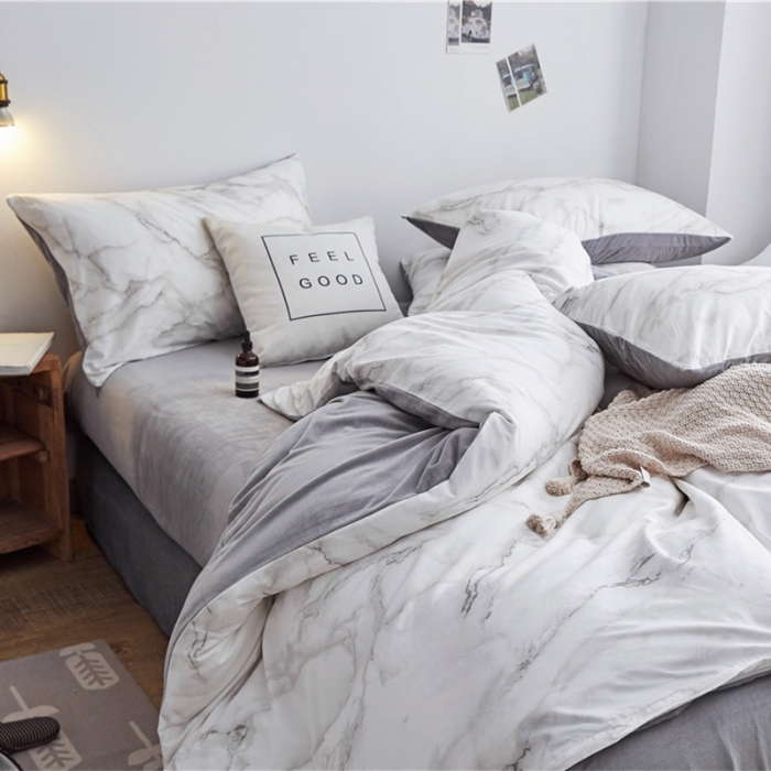 91家纺网 家纺一手货源 找家纺 棉眠  2018新款棉眠棉加绒四件套 大理石灰