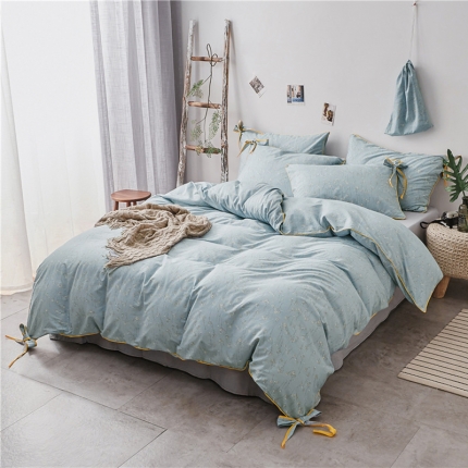 91家纺网 家纺一手货源 找家纺 棉眠 2019春夏新款全棉镶边蝴蝶结四件套 床单款 山菊