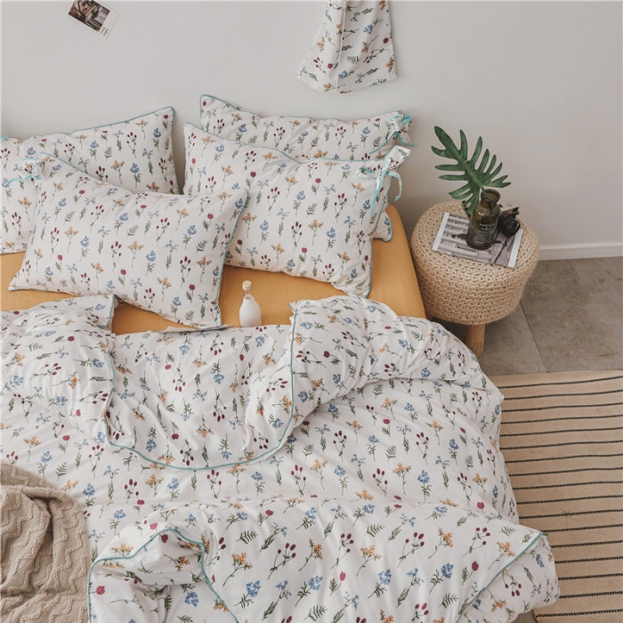 91家纺网 家纺一手货源 找家纺 棉眠 2019春夏新款全棉镶边蝴蝶结四件套 床单款 芳草