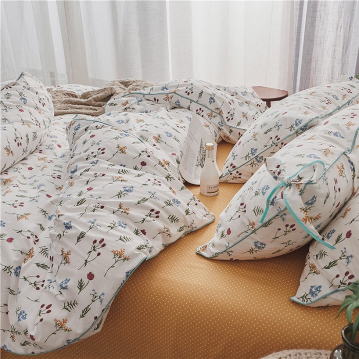 91家纺网 家纺一手货源 找家纺 棉眠 2019春夏新款全棉镶边蝴蝶结四件套 床单款 芳草