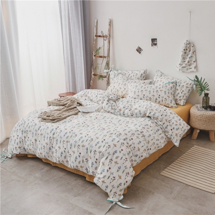 棉眠 2019春夏新款全棉镶边蝴蝶结四件套 床单款 芳草