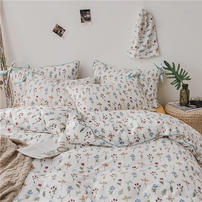 91家纺网 家纺一手货源 找家纺 棉眠 2019春夏新款全棉镶边蝴蝶结四件套 床单款 芳草