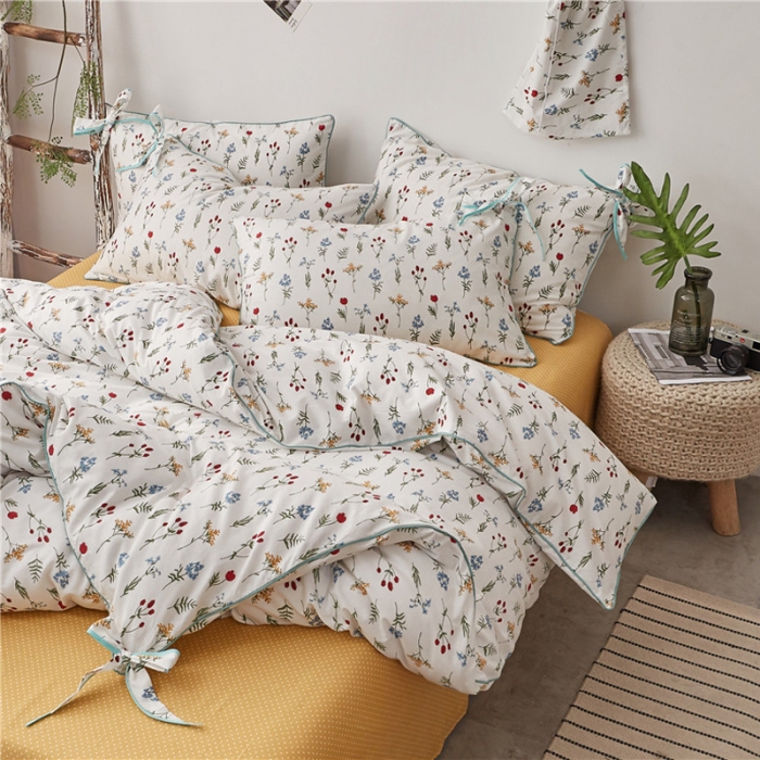 91家纺网 家纺一手货源 找家纺 棉眠 2019春夏新款全棉镶边蝴蝶结四件套 床单款 芳草