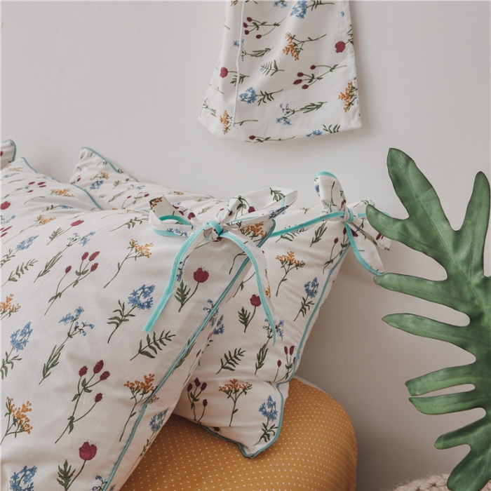 91家纺网 家纺一手货源 找家纺 棉眠 2019春夏新款全棉镶边蝴蝶结四件套 床单款 芳草