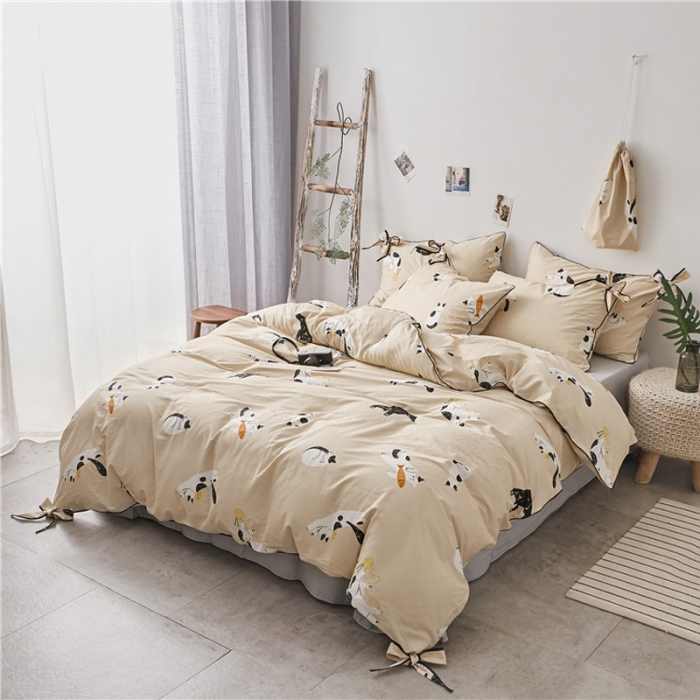 91家纺网 家纺一手货源 找家纺 棉眠 2019春夏新款全棉镶边蝴蝶结四件套 床单款 肥猫猫