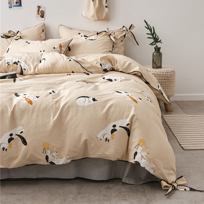 91家纺网 家纺一手货源 找家纺 棉眠 2019春夏新款全棉镶边蝴蝶结四件套 床单款 肥猫猫