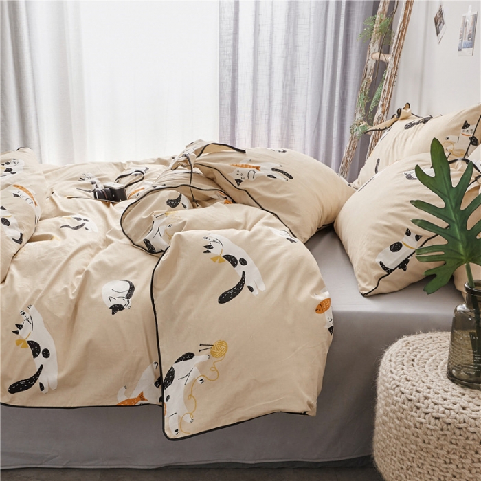 91家纺网 家纺一手货源 找家纺 棉眠 2019春夏新款全棉镶边蝴蝶结四件套 床单款 肥猫猫