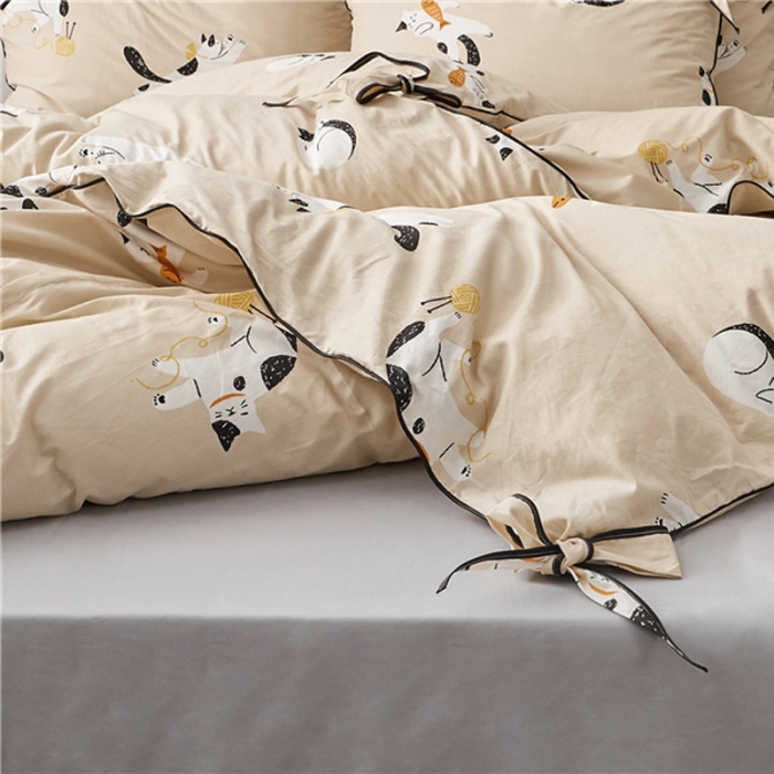 91家纺网 家纺一手货源 找家纺 棉眠 2019春夏新款全棉镶边蝴蝶结四件套 床单款 肥猫猫