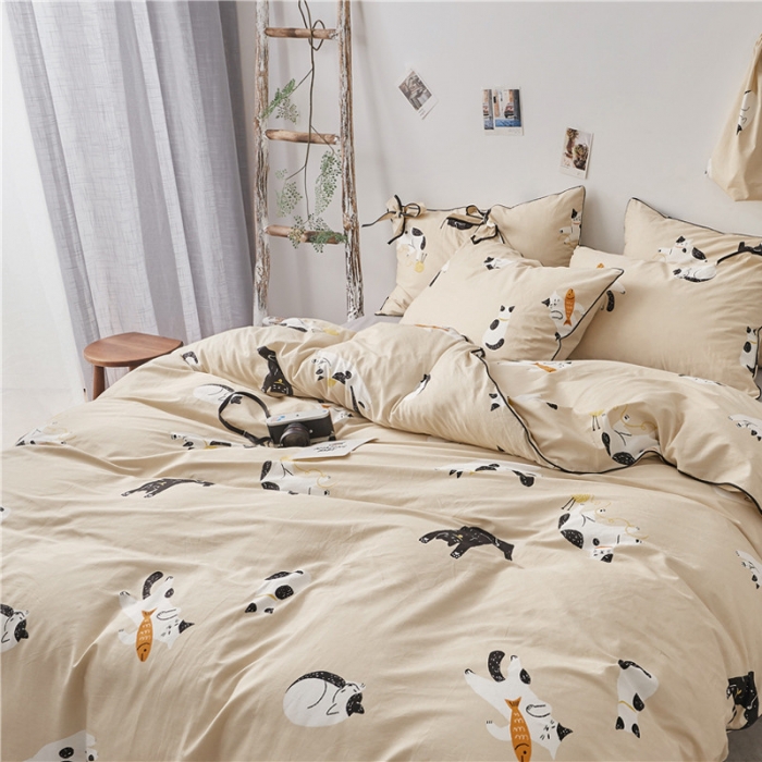 91家纺网 家纺一手货源 找家纺 棉眠 2019春夏新款全棉镶边蝴蝶结四件套 床单款 肥猫猫