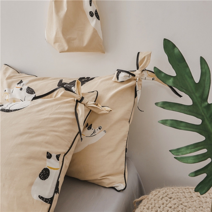 91家纺网 家纺一手货源 找家纺 棉眠 2019春夏新款全棉镶边蝴蝶结四件套 床单款 肥猫猫